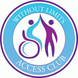 The outer circle says 'without limits access club', inside this, two humanoid figures high five, one appears to be able bodied, the other uses a wheel chair.